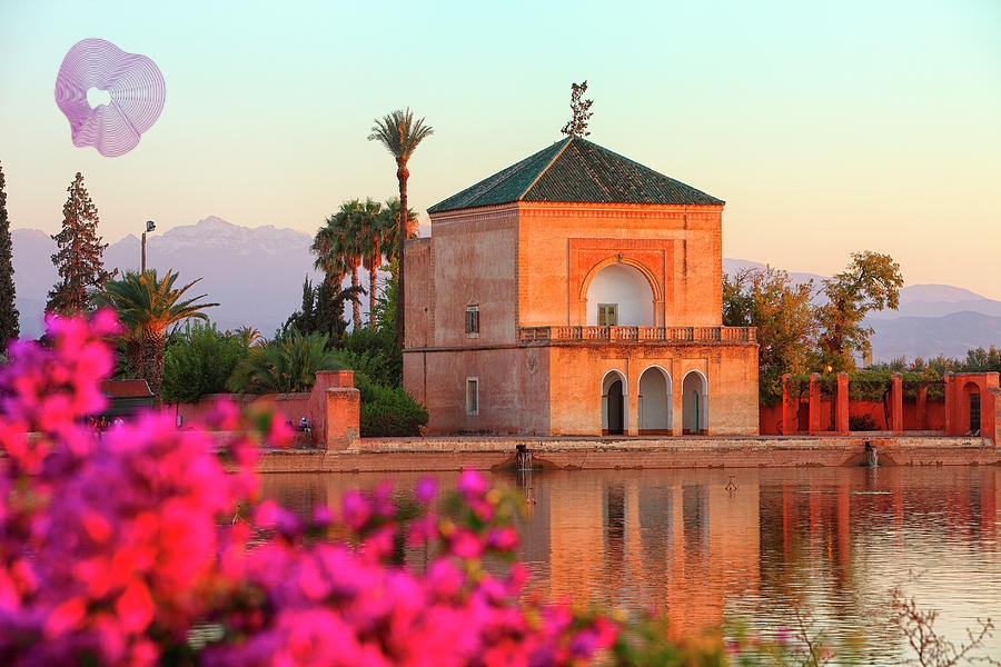 Majorelle Garden in Marrakech with exotic plants and cobalt-blue buildings