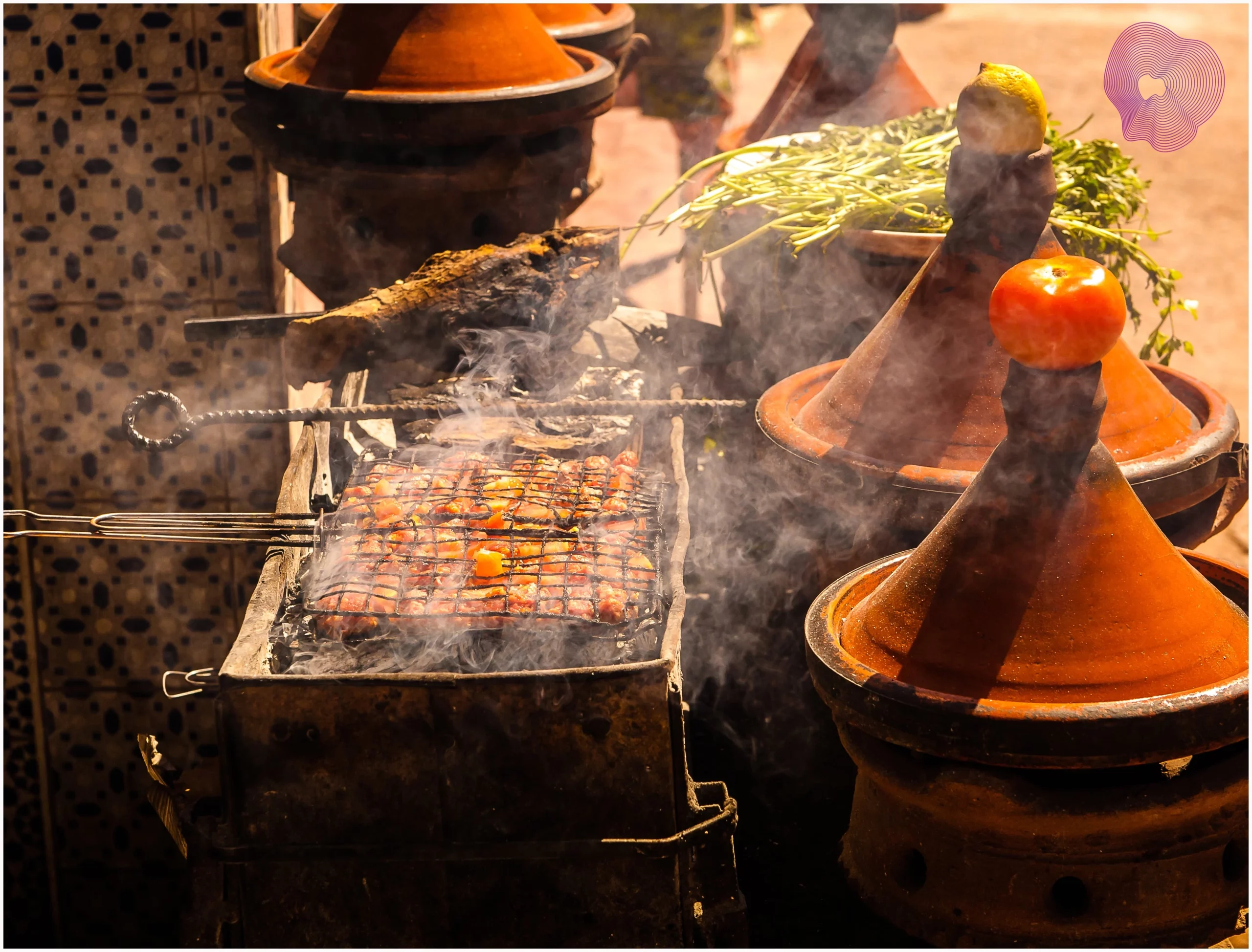 Vibrant Marrakech street food stalls at Jemaa el-Fna night market with grills, soups, and local dishes.